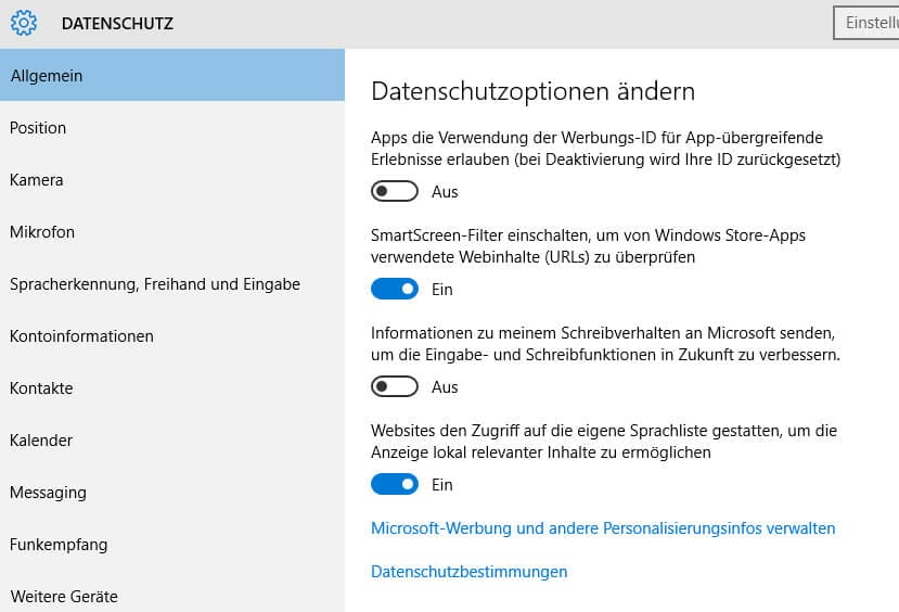 Schalter umlegen: Die Windows 10 Datenschutz-Optionen (Screenshot)