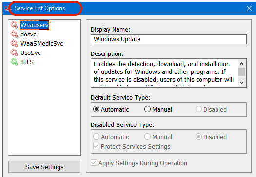 Windows Update Blocker Service List Options
