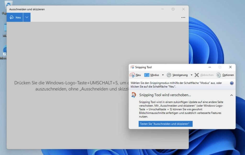 Windows 11 Snipping Tool wird Snip and Sketch