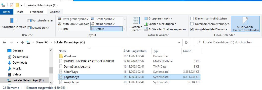 pagefile.sys Auslagerungsdatei in Windows 10 und Windows 11 im Explorer anzeigen - Speicherort