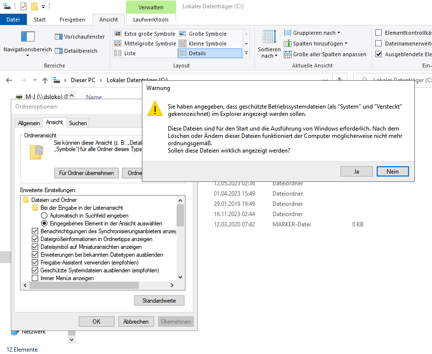 pagefile.sys Auslagerungsdatei in Windows 10 und Windows 11 im Explorer versteckt