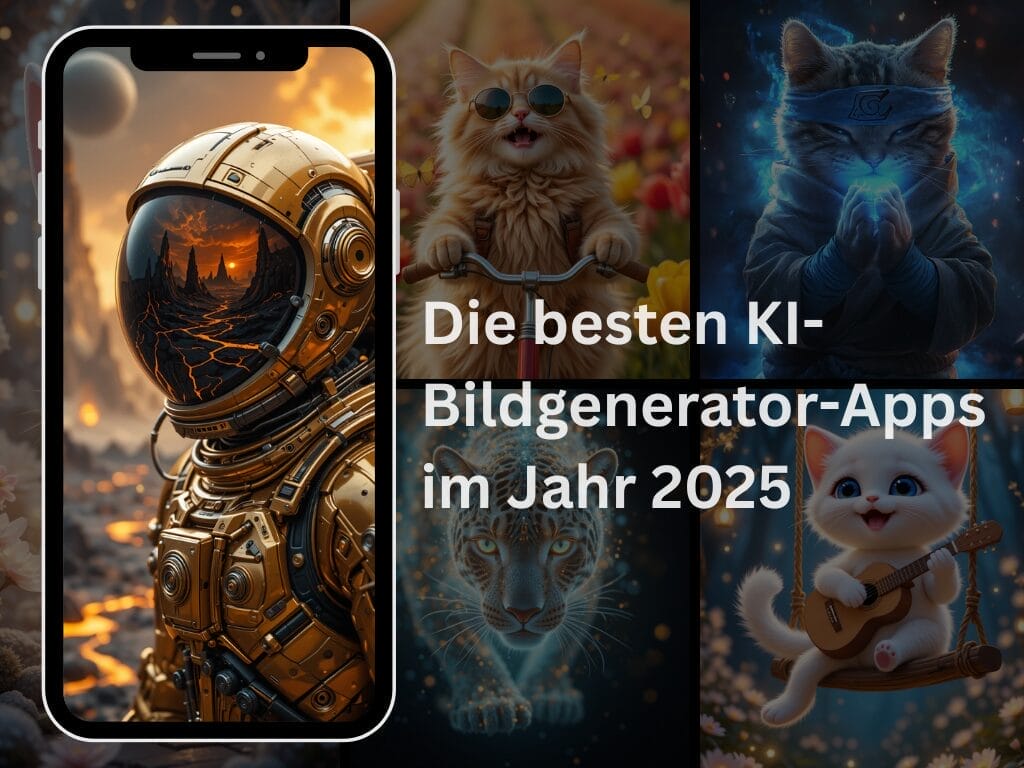 Futuristic smartphone display and cat with guitar.