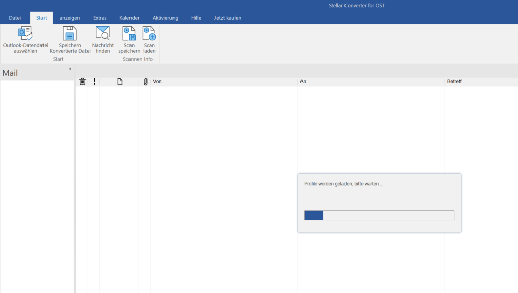 Outlook-Datenübertragung Fenster mit Ladeleiste