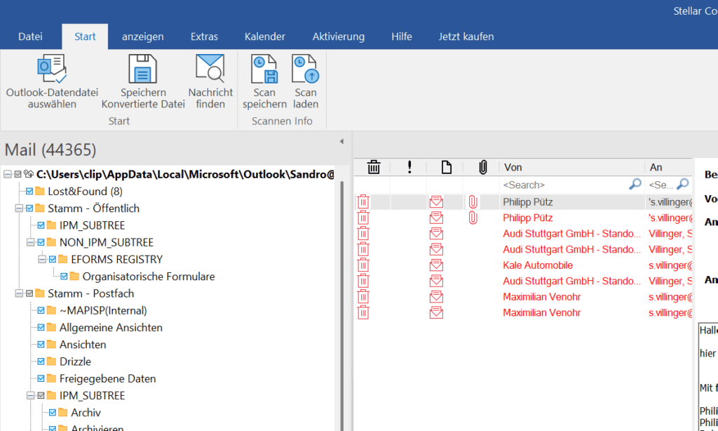 Outlook Email Verwaltunsschnittstelle mit Ordnern und Mails