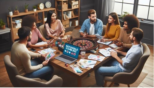 Gruppe spielt Brettspiel am Tisch mit Laptop.
