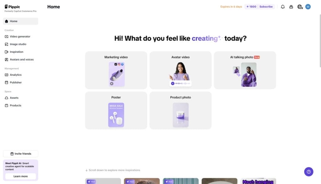 Pippit: Video- und Bildgenerator-Optionen auf Hauptseite.