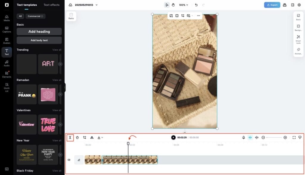 Makeup-Produkte auf einem geflochtenen Tisch