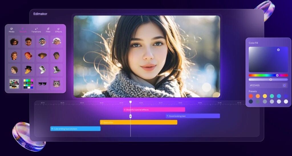 Video editor user interface with photo and effect options.