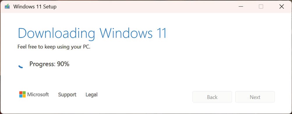 Windows 11-Download bei 90% Fortschritt