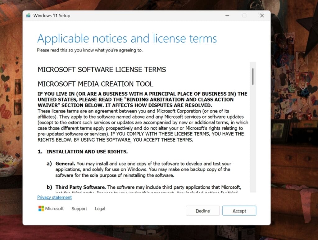 Windows-Lizenzbedingungen Bildschirm während Installation