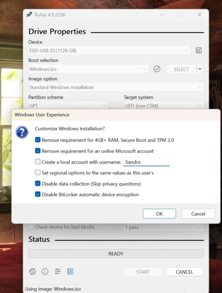 Rufus USB-Einstellungen für Windows-Installation angezeigt.