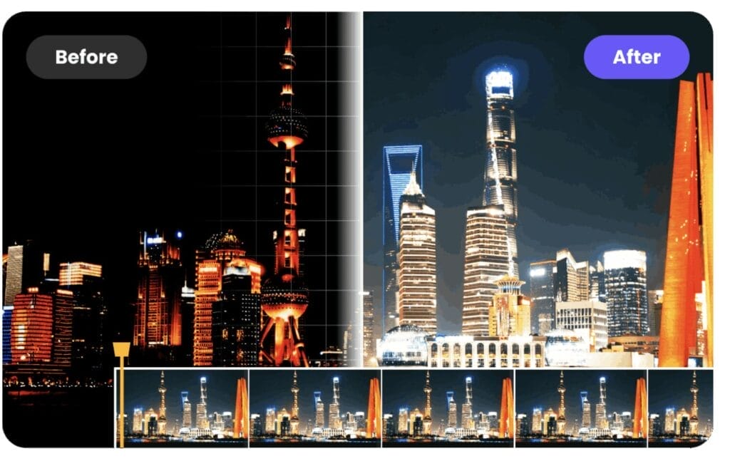 Stadtbild bei Nacht: Vorher-Nachher-Vergleich der Beleuchtung.