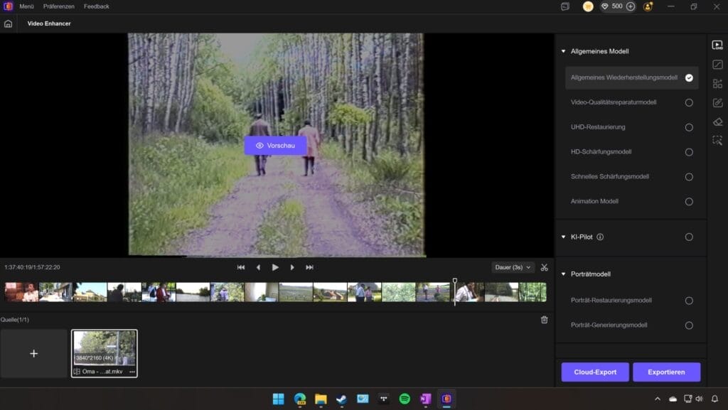 Zwei Personen spazieren im Wald, Videobearbeitungssoftware geöffnet.