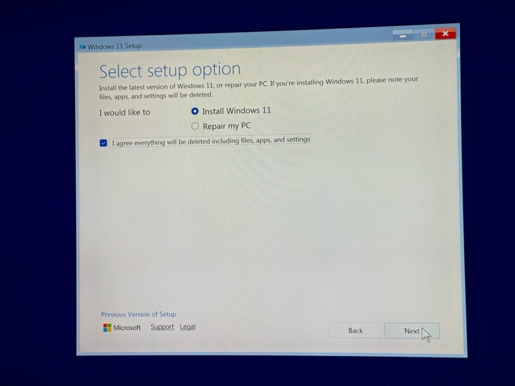 Windows 11 Setup-Optionen auswählen Bildschirm