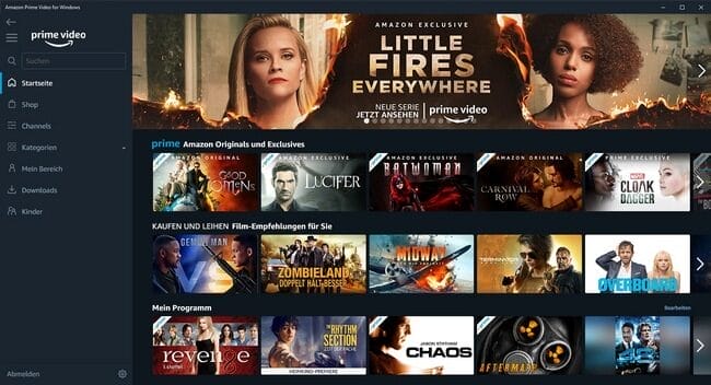Amazon Prime Video Startseite mit Serien und Filmen.