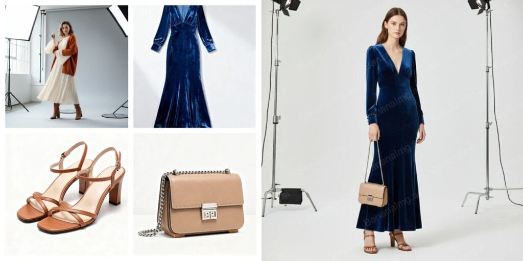 Fashion shoot with dress, shoes and bag.