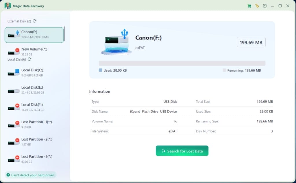 Datenwiederherstellungssoftware mit USB-Informationen und Suchoption.