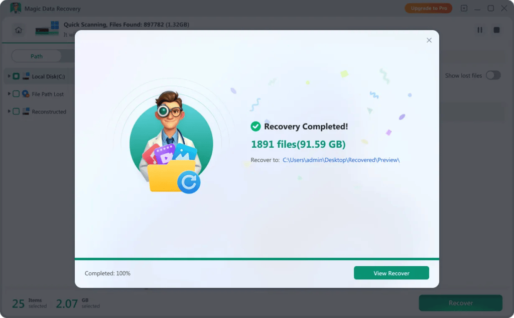 Datenwiederherstellung abgeschlossen, 1891 Dateien gerettet.