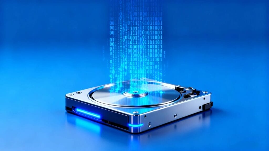 Festplatte mit digitalem Binärcode auf blauem Hintergrund.