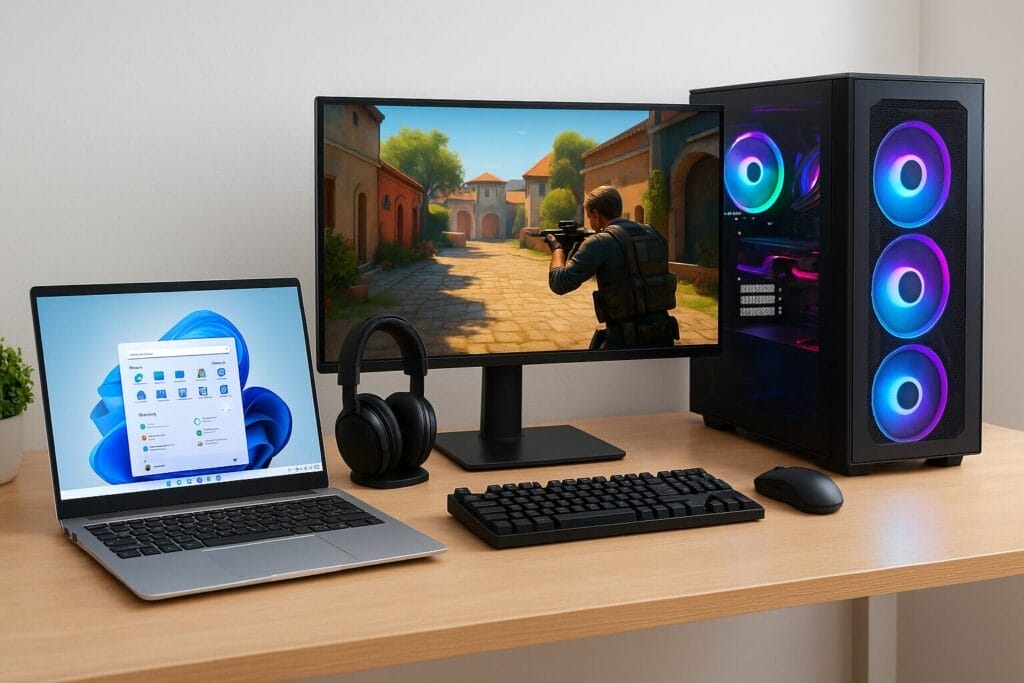 Gaming-Setup mit PC, Monitor und Laptop