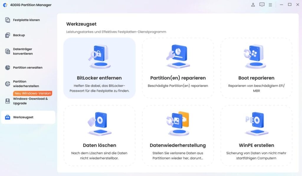 Partition Manager Werkzeugset Menü
