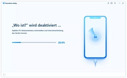 Deaktivierung von "Wo ist?" auf Smartphone, 20% Fortschritt.